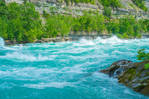Whirlpool Rapids Niagara River The shear power and beauty of nature are highlighted in this photograph of the whirlpool rapids on the Niagara River. rapids river stock pictures, royalty-free photos & images