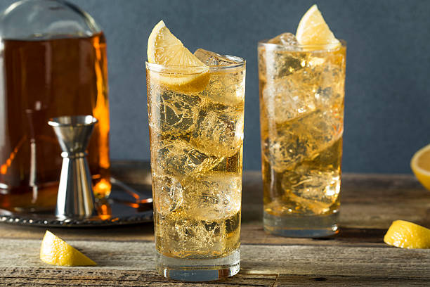 Whiskey Highball with Ginger Ale Whiskey Highball with Ginger Ale and Lemons highball glass stock pictures, royalty-free photos & images