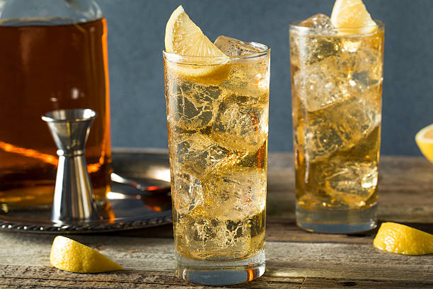 Whiskey Highball with Ginger Ale Whiskey Highball with Ginger Ale and Lemons highball glass stock pictures, royalty-free photos & images