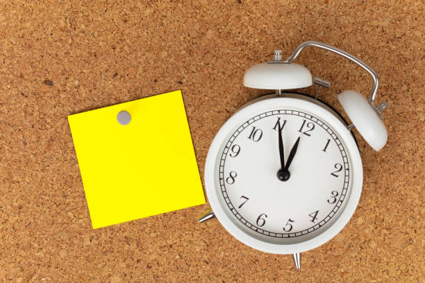 white alarm clock and a reminder note. Time management concept. Copy space for text. stock photo