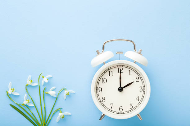 White alarm clock with fresh, beautiful snowdrops on light blue table background. First messengers of spring. Time concept. Closeup. Empty place for text. Top down view. White alarm clock with fresh, beautiful snowdrops on light blue table background. First messengers of spring. Time concept. Closeup. Empty place for text. Top down view. daylight saving time stock pictures, royalty-free photos & images