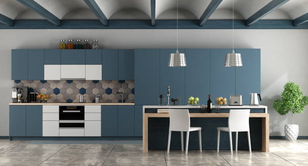 White and blue contemporary kitchen White and blue contemporary kitchen with arched ceiling and cement floor - 3d rendering
Note: the room does not exist in reality, Property model is not necessary domestic kitchen stock pictures, royalty-free photos & images