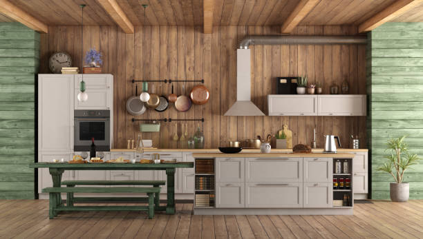 White and green retro kitchen White and green retro kitchen with island, dining table and bench - 3d rendering
Note: the room does not exist in reality, Property model is not necessary rustic stock pictures, royalty-free photos & images