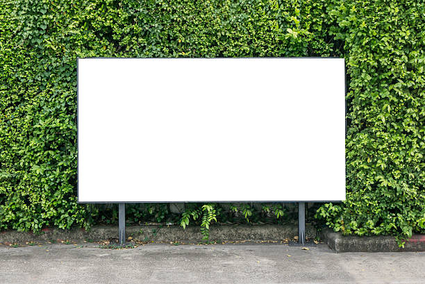 biały billboard na wiosennych letnich zielonych liściach - billboard mockup zdjęcia i obrazy z banku zdjęć