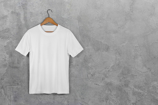 Download White Blank Cotton T Shirt Hanging Center Gray Concrete Empty Wall Background With Clipping Path ...