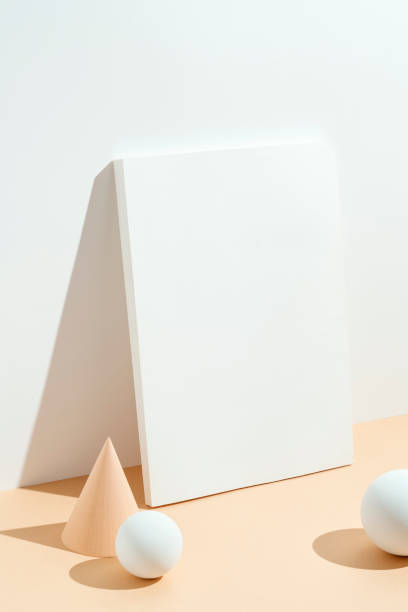 White blank magazine mockup, template with geometric pedestal stock photo