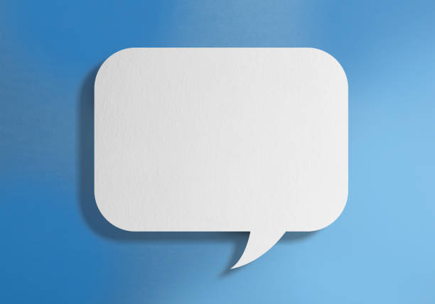 White blank speech bubble on blue background Rectangular speech bubble chatting concept speech bubble photos stock pictures, royalty-free photos & images