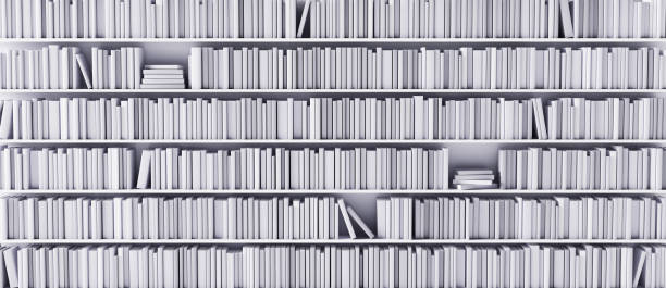 White bookshelves in the library with white books 3d render stock photo