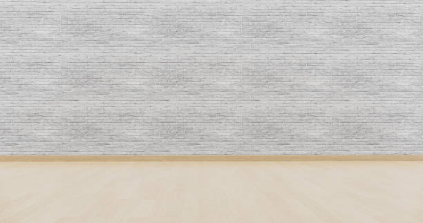White brick wall texture  with light wooden floor contemporary empty interior, 3d illustration stock photo