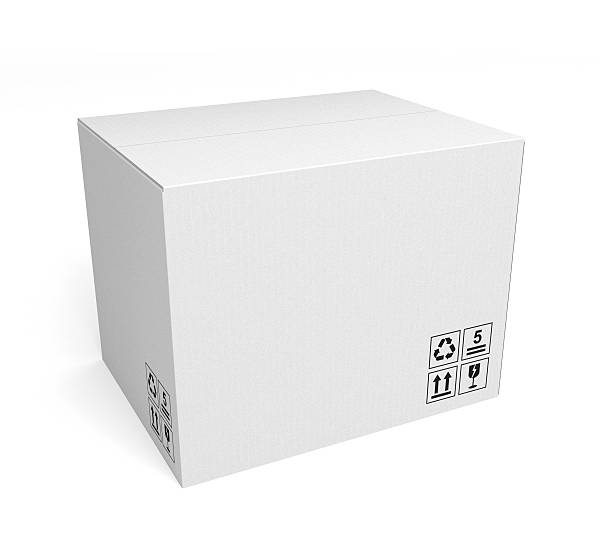 White cardboard box on white background stock photo
