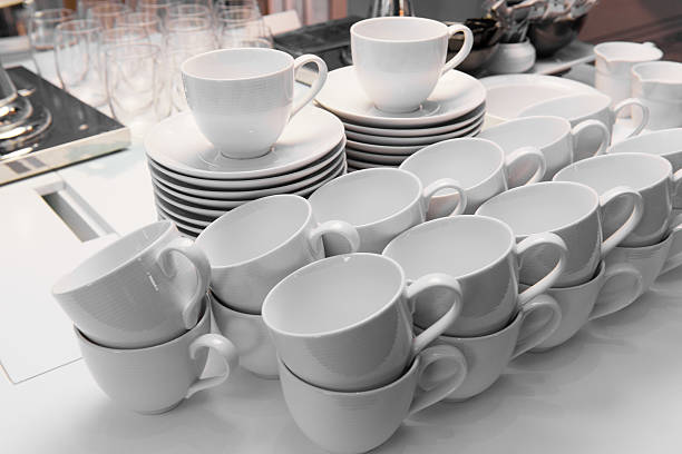 White coffee cups ready to use stock photo