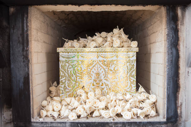 White Coffin in the crematorium Buddhist style stock photo