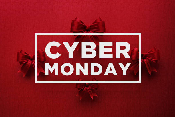 White Cyber Monday Text on Red Bow Ties White Cyber Monday text on red bow ties background. Horizontal composition with copy space. cyber monday stock pictures, royalty-free photos & images