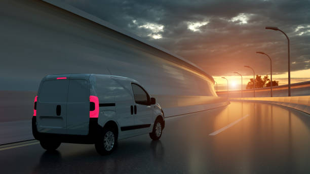 White delivery van on highway. Transport and logistic concept. 3D Illustration White delivery van on highway. Transport and logistic concept. 3D Illustration. mini van stock pictures, royalty-free photos & images