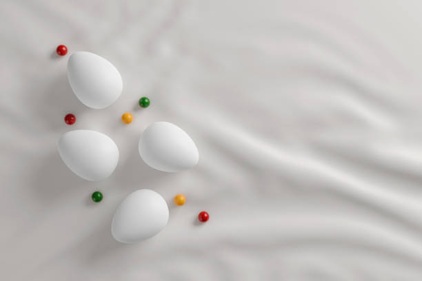 white easter eggs and candy ball on white fabric background.  flat lay. top view. happy easter day concept. 3D illustration white easter eggs and candy ball on white fabric background.  flat lay. top view. happy easter day concept. 3D illustration easter sunday stock pictures, royalty-free photos & images