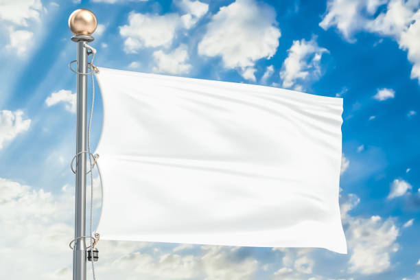 3 d 青い曇り空で手を振っている白い旗をレンダリング - 白旗 ストックフォトと画像
