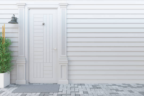 White Front Door with Copy Space on the Walla White Front Door with Copy Space on the Walla. 3D Render external wall covering stock pictures, royalty-free photos & images