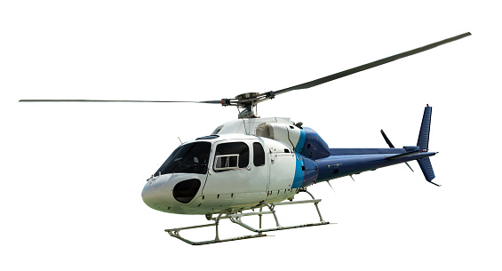 White helicopter with working propeller, isolated on white