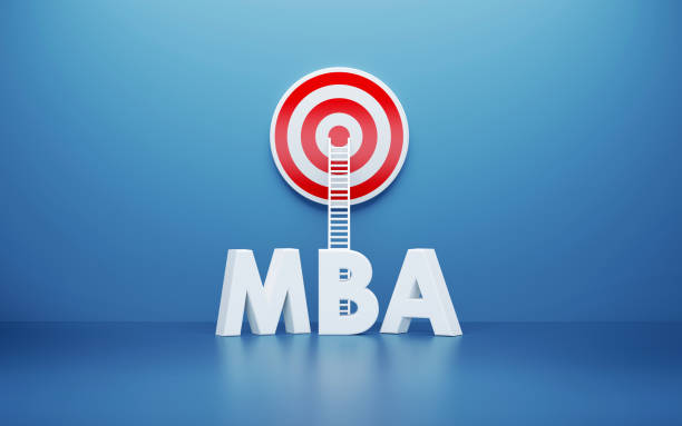 White Ladder and MBA Text Leaning on A Target on Blue Wall White ladder and MBA text leaning on a red target on blue wall. Horizontal composition with copy space. MBA stock pictures, royalty-free photos & images