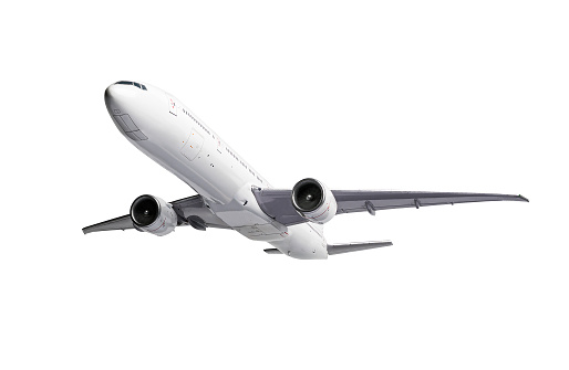 White passenger Airplane in flight isolated on white background