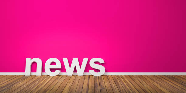 3d white news text form auf braunen holzboden gegen rosa wand mit copyspace - 3d-illustration - digital newsletter stock-fotos und bilder