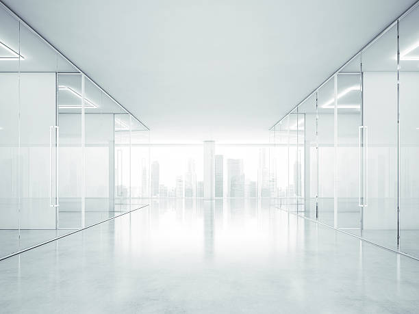 White office interior with panoramic windows. 3D rendering stock photo