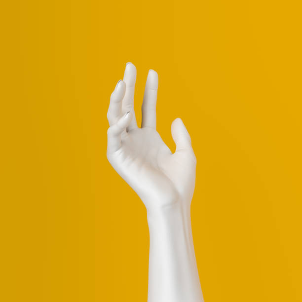 White open hand sculpture giving, holding, take or showing something gesture isolated on yellow background, 3d illustration,  sculpture stock pictures, royalty-free photos & images