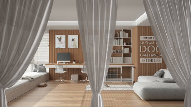 White openings curtains overlay pet friendly home office, desk, interior design background, clipping path, vertical folds, soft tulle textile texture, stage concept with copy space stock photo