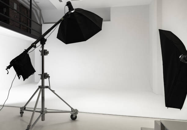 White photo studio interior background, impulse lights set stock photo