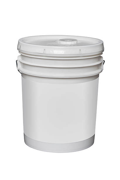white plastic 5 gallon bucket, isolated white plastic 5 gallon bucket with blank label,isolated on white with clipping path bucket stock pictures, royalty-free photos & images