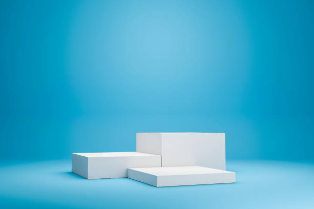 White podium shelf or empty studio display on vivid blue summer background with minimal style. Blank stand for showing product. 3D rendering.  base sports equipment stock pictures, royalty-free photos & images