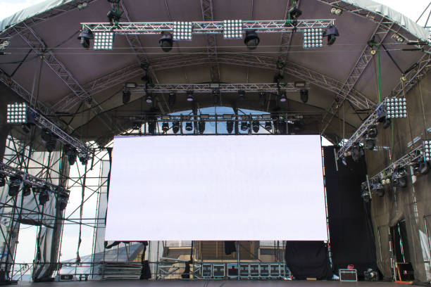 White poster in the middle of the concert stage. stock photo