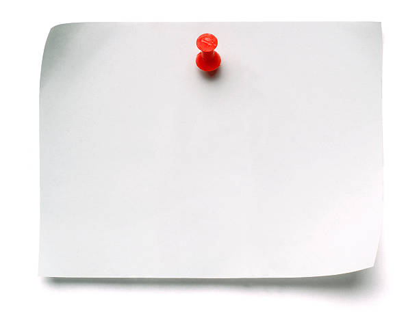 White Post-it Note with Push Pin Note paper with red pin, isolated on white note message stock pictures, royalty-free photos & images