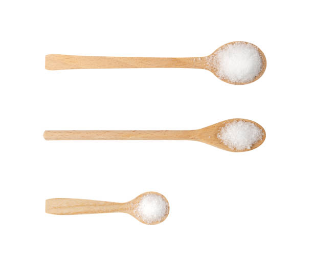 White Powder of Lemon Acid, Clay or Bentonite Texture Set of Lemon Acid or Citric Acid Heaps in Wooden Spoons Isolated on White Background with Clipping Path. Powdered Citrus Acid, Calcium, Gypsum or Plaster Top View glucosamine stock pictures, royalty-free photos & images