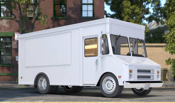White Realistic Food Truck With Closed Window. Modern Cityscape. Takeaway Food And Drinks. Mock Up. Copy Space, Empty Space. 3d rendering. White Blank Realistic Food Truck With Closed Window. Modern Cityscape. Takeaway Food And Drinks. Mock Up. Copy Space, Empty Space. 3d rendering. Side View food truck stock pictures, royalty-free photos & images