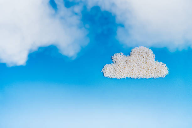 riz blanc en forme de nuage moelleux dans le fond de ciel bleu profond, le concept de stockage en nuage - telecharger image gratuit photos et images de collection