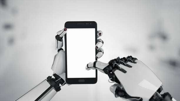 белая рука робота, держащая современный макет смартфона на сером белом фоне. роботизированные андроид руки с телефоном. 3d рендеринг - robot hand white background стоковые фото и изображения