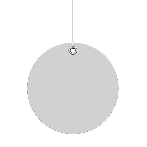 White round label fixed by a rivet and hung on by a white thread, isolated on white background steel cable stock pictures, royalty-free photos & images