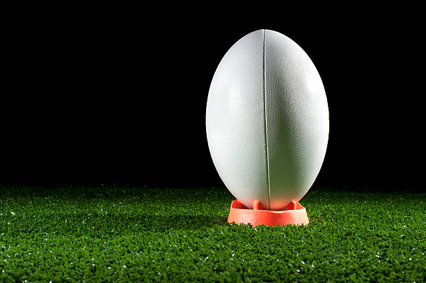 blanc ballon de rugby sur un tee-shirt avec de l'herbe - terrain de rugby photos et images de collection