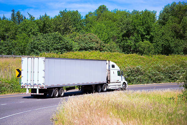 White semi truck modern trailer on turn road around green Modern white mod comfortable convenient hardy robust semi truck with a dry van trailer on the highway exit at the turn of summer green grass among the trees and bushes. semi truck back stock pictures, royalty-free photos & images
