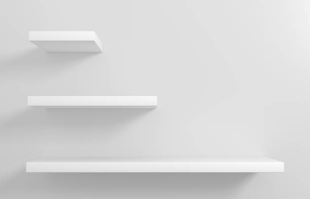 White shelves for goods showcase 3D illustration. Modern shelves for store goods , boutique, shopping Mall showcase. Home furniture rack stock pictures, royalty-free photos & images