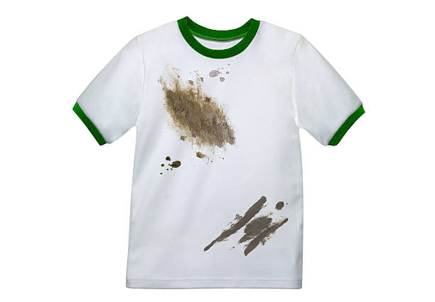 White shirt soiled with different stains against white back Dirty Shirt unhygienic stock pictures, royalty-free photos & images