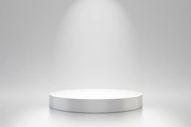 White studio template and round shape pedestal on simple background with spotlight product shelf. Blank studio podium for advertising. 3D rendering.  base sports equipment stock pictures, royalty-free photos & images