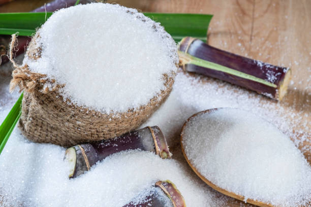 White sugar and sugar cane on the table. stock photo