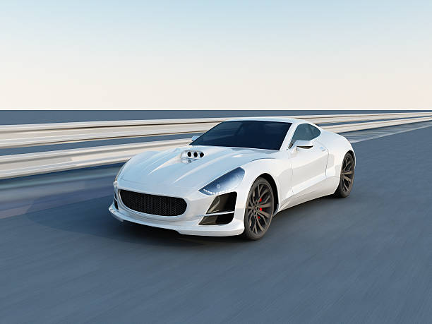 white super car on the racing track This white sport car is a concept design is made by myself. This super sport car comes without any manufacture brands. The image is a CGI. luxury car stock pictures, royalty-free photos & images