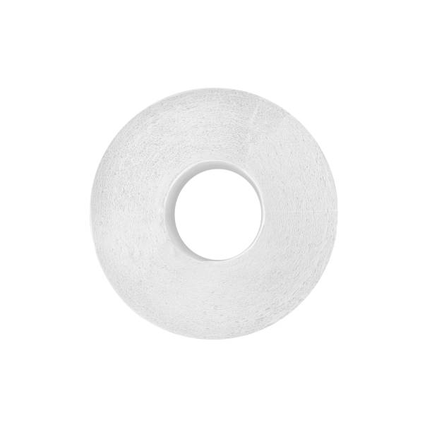White toilet paper on white background isolated close up, one circle soft bog roll top view, paper tissues, design element, hygiene accessory, studio shot stock photo