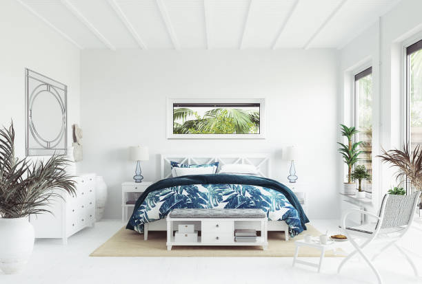 White tropical bedroom interior, Coastal style White tropical bedroom interior, Coastal style, 3d render coastline stock pictures, royalty-free photos & images