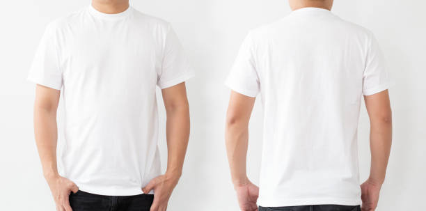 parte dianteira e parte traseira brancas do t-shirt, modelo do mockup para a cópia do projeto - camiseta branca - fotografias e filmes do acervo