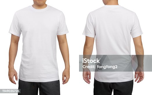 istock White t-shirt on a young man isolated on white background. Front and back view. 1149035726