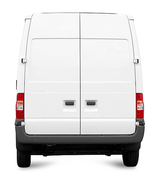 White Van from behind isolated White transporter rear side isolated on white mini van stock pictures, royalty-free photos & images